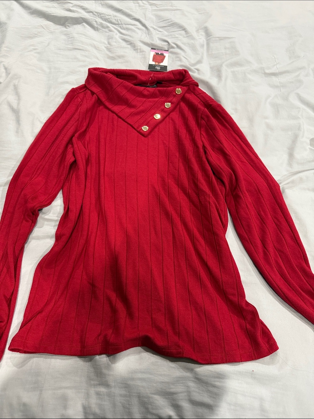 Rafaella Red Ribbed Cowl Neck Sweater with Gold Buttons Accent
